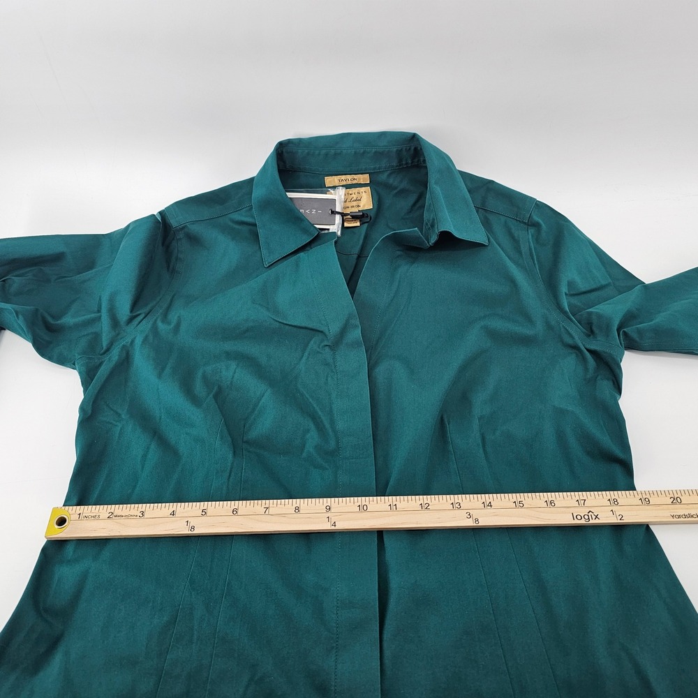 Taylor Investments Gold Label Shirt 12 Teal Non-Iron Cotton V-Neck Blouse NWT - Picture 4 of 9
